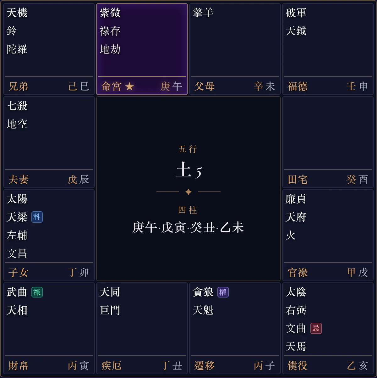 命盤範例：十二宮方陣，紫微星於命宮高亮顯示。